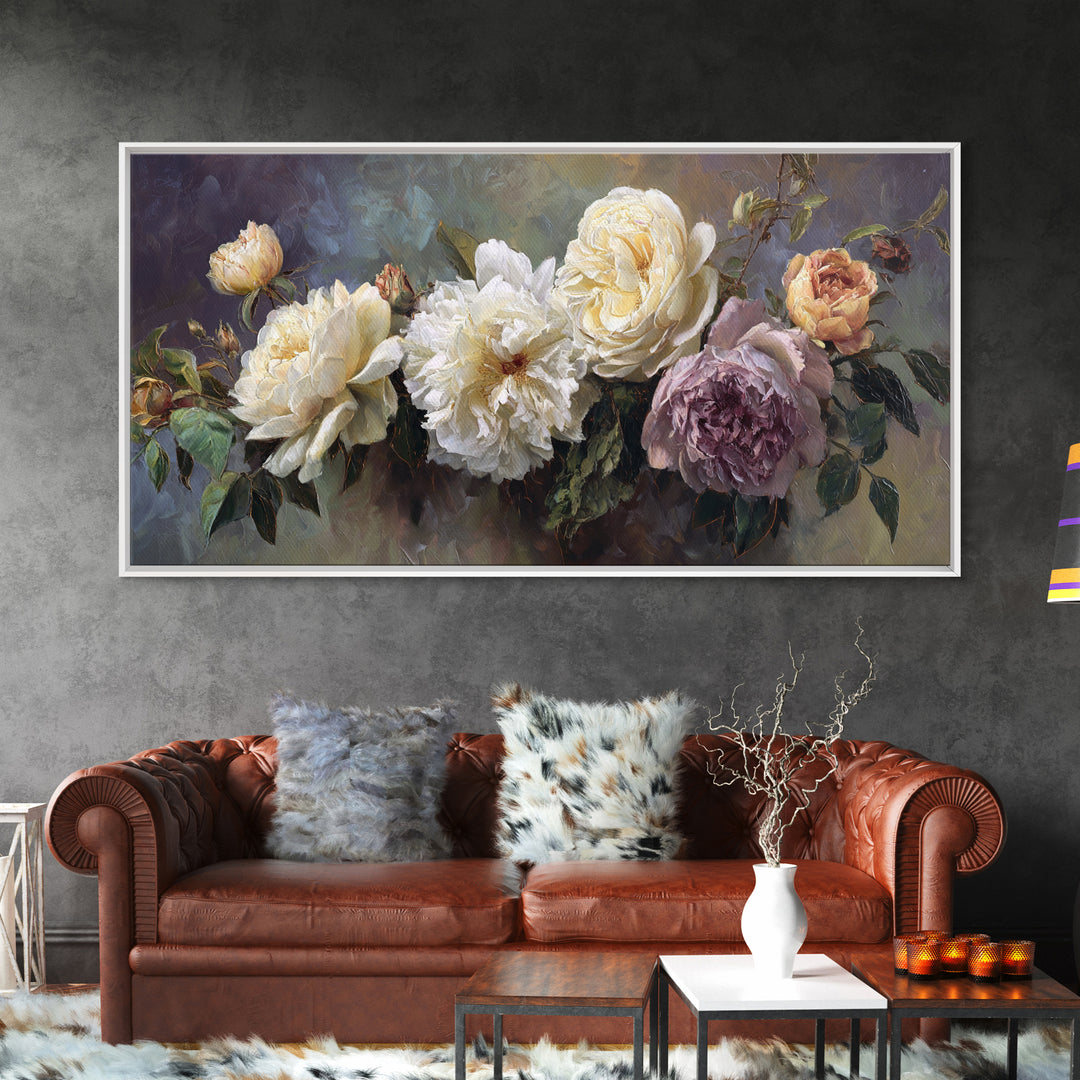 Romantic Bouquet of White Roses and Peonies Canvas Print, Wedding Art, Art Print, Living Room Decor, Fine Art, Romance, WED-2x1-93