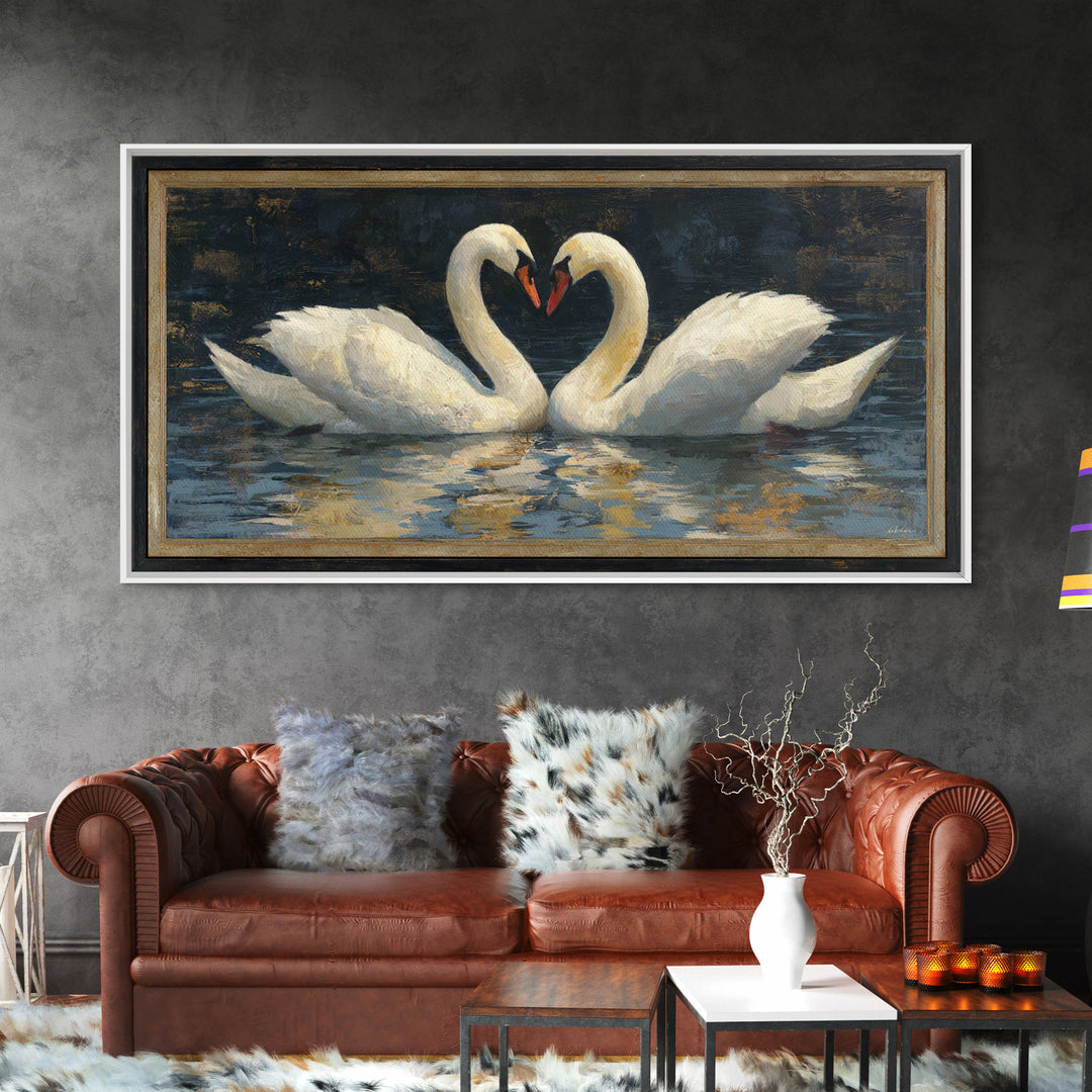 Two Swans Forming a Heart on Dark Canvas Print, Wedding Art, Minimalist Decor, Living Room Decor, Romance, Custom Painting, WED-2x1-94