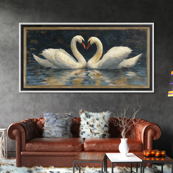 Two Swans Forming a Heart on Dark Canvas Print, Wedding Art, Minimalist Decor, Living Room Decor, Romance, Custom Painting, WED-2x1-94
