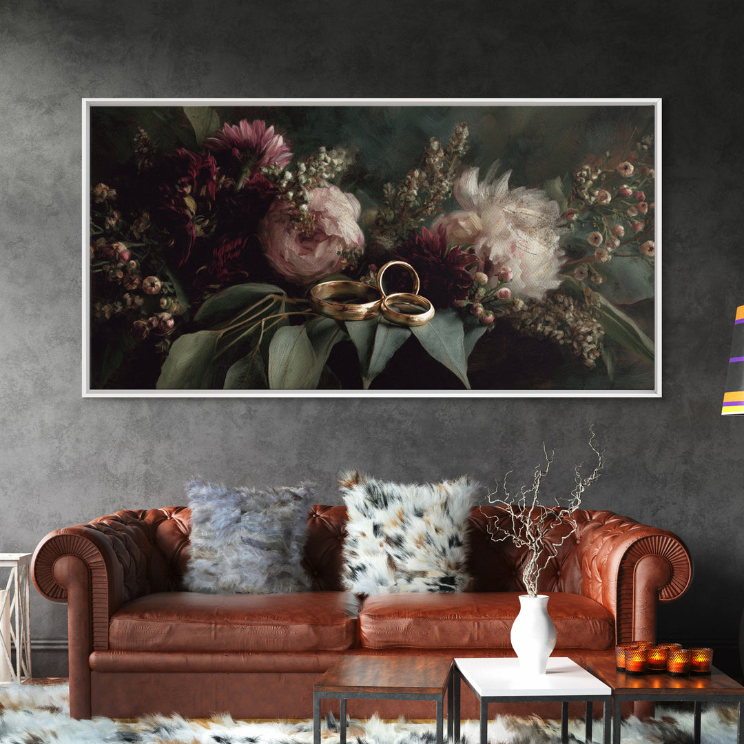 Gold Rings Resting on Velvet and Flowers Framed Canvas Print, Wedding Art, Personalized Art, Living Room Decor, Oil Painting, WED-2x1-95