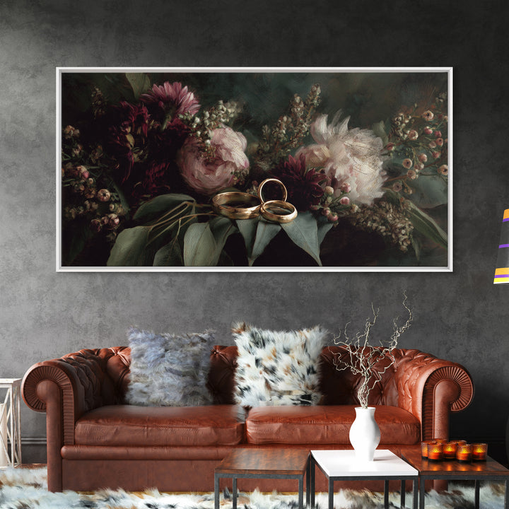 Gold Rings Resting on Velvet and Flowers Framed Canvas Print, Wedding Art, Personalized Art, Living Room Decor, Oil Painting, WED-2x1-95