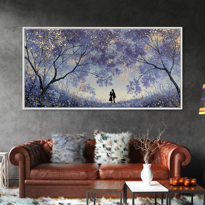 Couple Silhouette Beneath Moonlit Trees Framed Canvas Print, Wedding Art, Wedding Guest Book, Living Room Decor, Romance, WED-2x1-97
