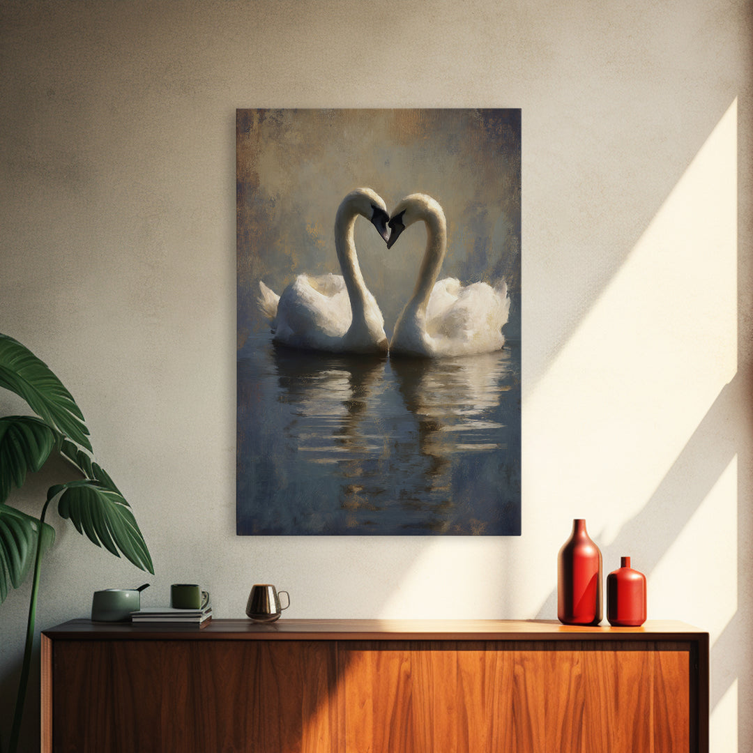 Two Swans Forming a Heart on Dark Canvas Print, Wedding Art, Wall Decor, Living Room Decor, Fine Art, Romance, Wedding Gift, WED-2x3-10