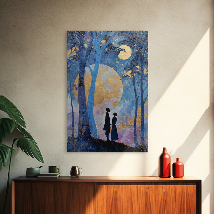 Couple Silhouette Beneath Moonlit Trees Framed Canvas Print, Wedding Art, Room Decor, Living Room Decor, Fine Art, Romance, WED-2x3-13