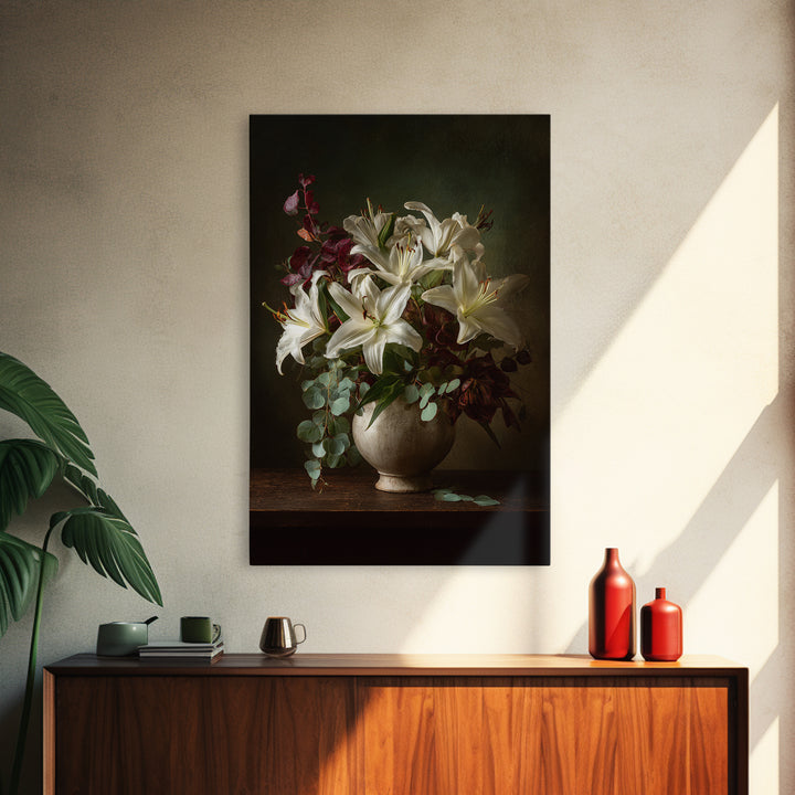 White Lilies and Eucalyptus Arrangement Framed Canvas Print, Wedding Art, Living Room Decor, Abstract Art, Romance, WED-2x3-17
