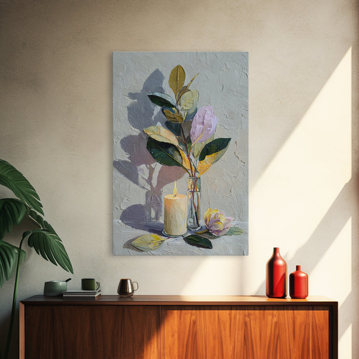 Romantic Candle and Floral Still Life Framed Canvas Print, Wedding Art, Gallery Decor, Living Room Decor, Oil Painting, Romance, WED-2x3-30