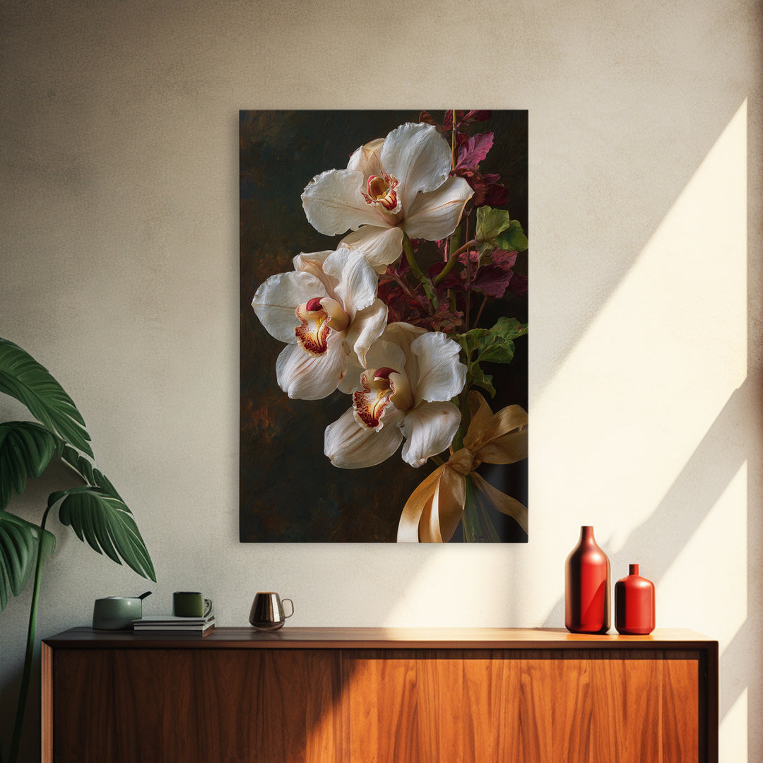White Orchid and Gold Ribbon Composition Canvas Print, Wedding Art, Downloadable Art, Living Room Decor, Fine Art, Romance, WED-2x3-32