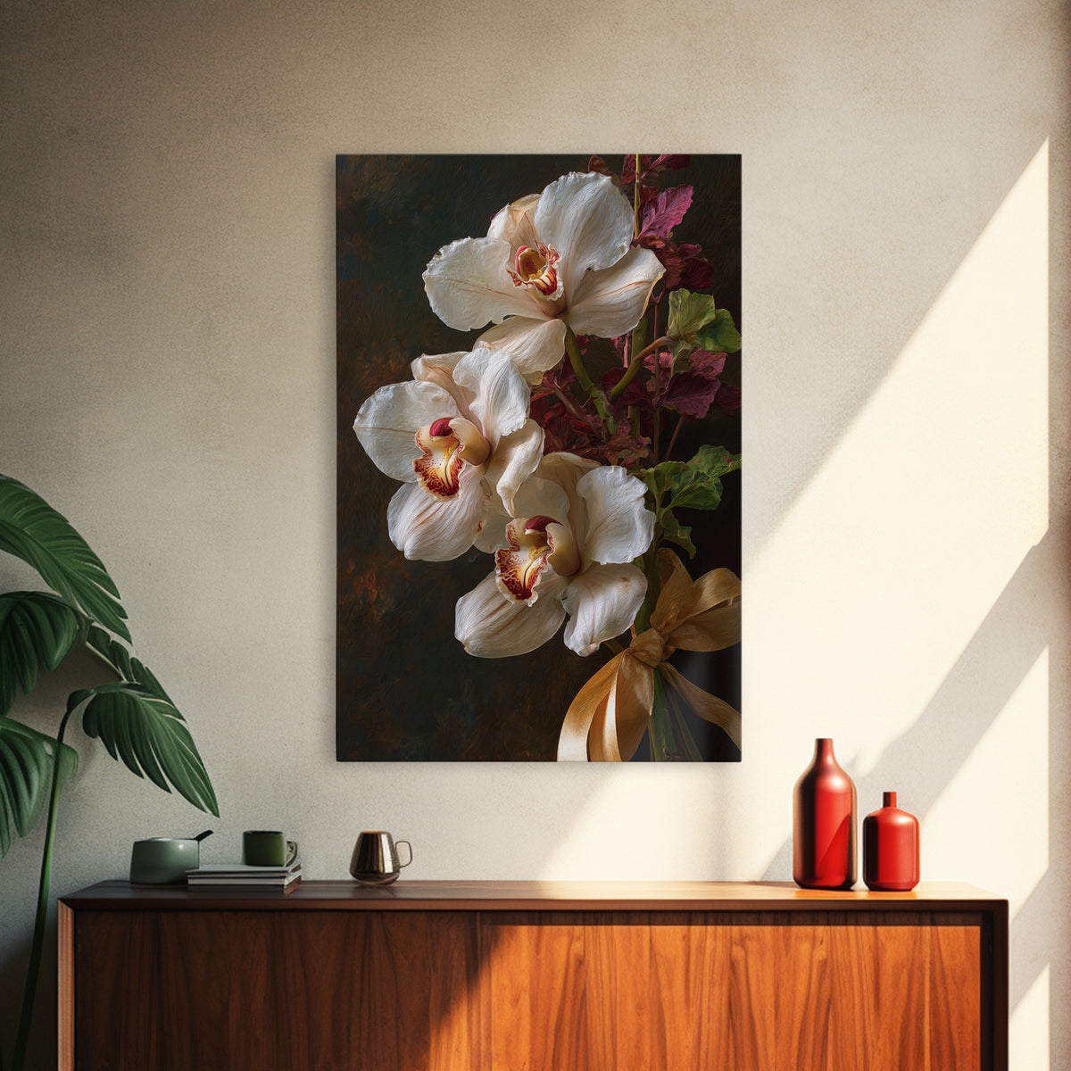 White Orchid and Gold Ribbon Composition Canvas Print, Wedding Art, Downloadable Art, Living Room Decor, Fine Art, Romance, WED-2x3-32