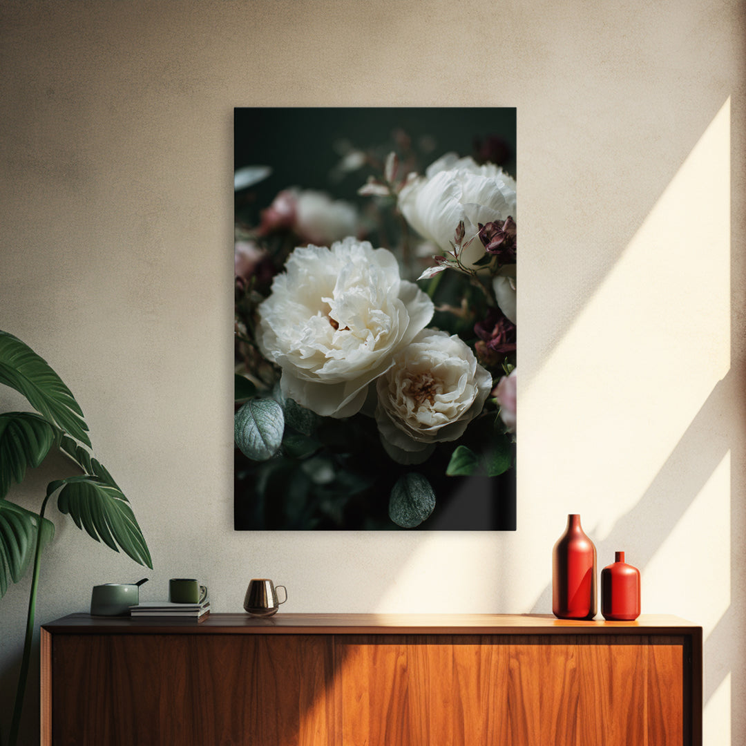 Romantic Bouquet of White Roses and Peonies Framed Canvas Print, Wedding Art, Art, Living Room Decor, Watercolor Art, Romance, WED-2x3-33