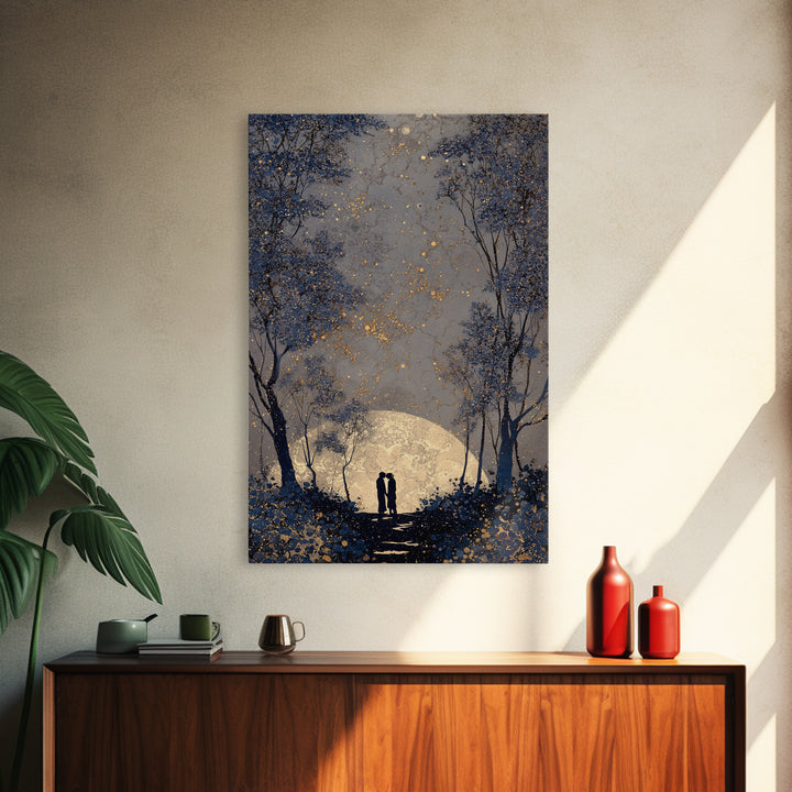 Couple Silhouette Beneath Moonlit Trees Framed Canvas Print, Wedding Art, Room Decor, Living Room Decor, Fine Art, Romance, WED-2x3-37