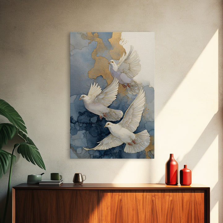 Doves Flying Through Soft Golden Light Framed Canvas Print, Wedding Art, Wall Decor, Living Room Decor, Fine Art, Romance, WED-2x3-43