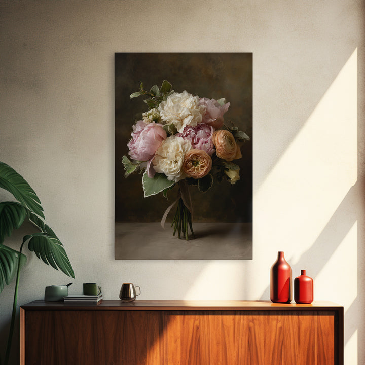Peony and Ranunculus Bouquet Framed Canvas Print, Wedding Art, Personalized Wedding, Living Room Decor, Fine Art, Romance, WED-2x3-52