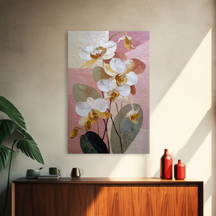 White Orchid and Gold Ribbon Composition Framed Canvas Print, Wedding Art, Wedding Reception, Living Room Decor, Abstract Art, WED-2x3-56
