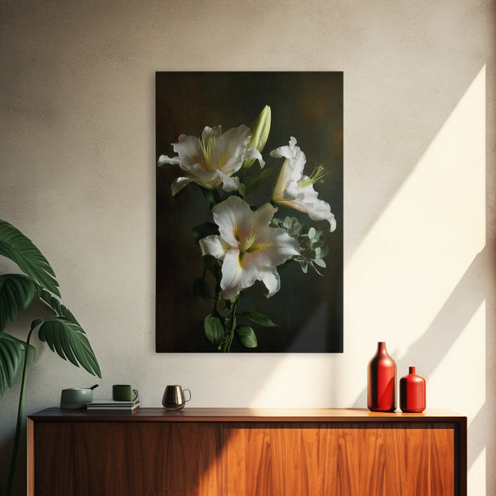 White Lilies and Eucalyptus Arrangement Canvas Print, Wedding Art, Wedding Gift, Living Room Decor, Fine Art, Romance, WED-2x3-65