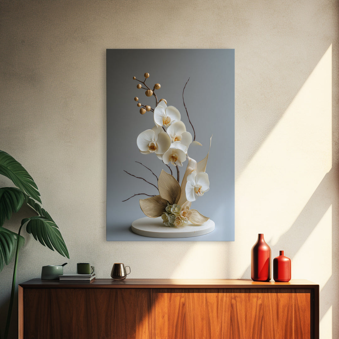 White Orchid and Gold Ribbon Composition Framed Canvas Print, Wedding Art, Custom Art, Living Room Decor, Oil Painting, Romance, WED-2x3-8