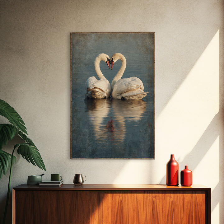 Two Swans Forming a Heart on Dark Canvas Print, Wedding Art, Contemporary Art, Living Room Decor, Fine Art, Romance, Custom Art, WED-2x3-82