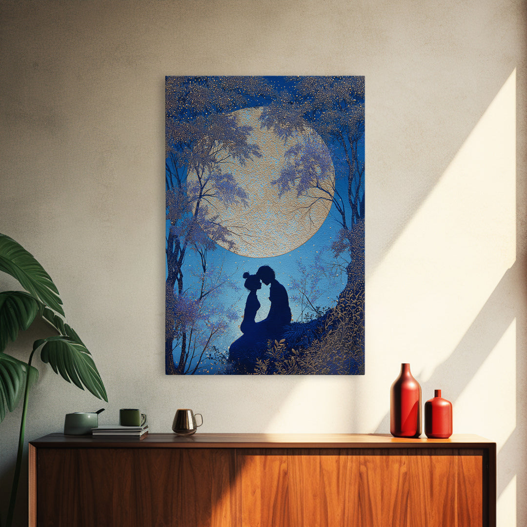 Couple Silhouette Beneath Moonlit Trees Framed Canvas Print, Wedding Art, Wedding Sign, Living Room Decor, Fine Art, Romance, WED-2x3-85