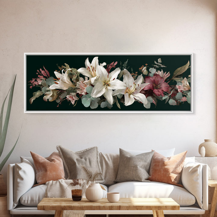 White Lilies and Eucalyptus Arrangement Framed Canvas Print, Wedding Art, Wedding Sign, Living Room Decor, Fine Art, Romance, WED-3x1-1