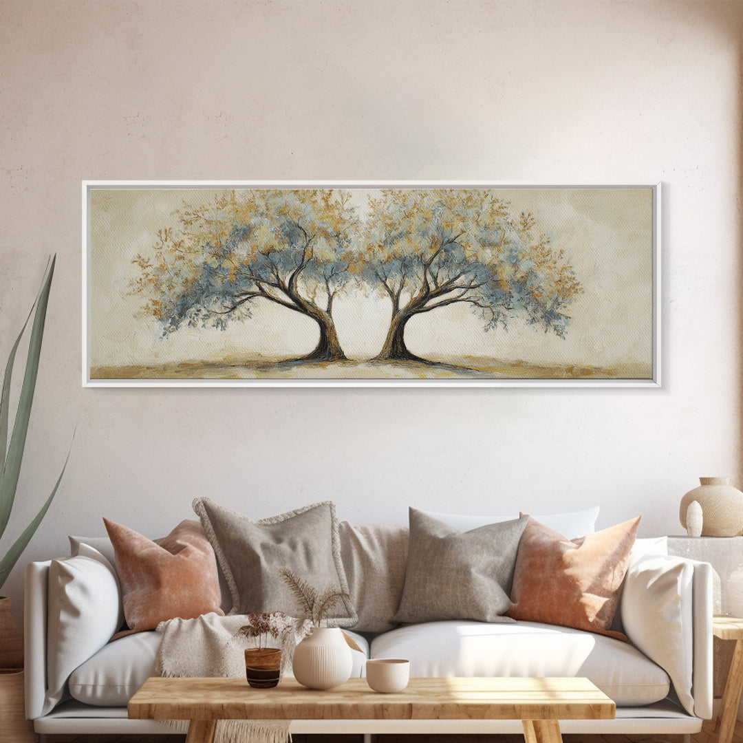 Two Intertwined Trees as Symbolic Artwork Framed Canvas Print, Wedding Art, Custom Wedding, Living Room Decor, Romance, WED-3x1-15