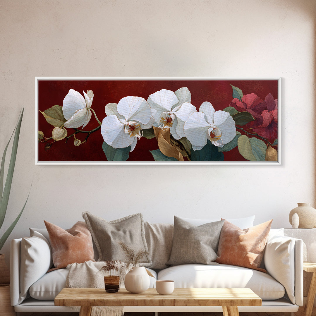 White Orchid and Gold Ribbon Composition Canvas Print, Wedding Art, Rustic Wedding, Living Room Decor, Fine Art, Romance, WED-3x1-16