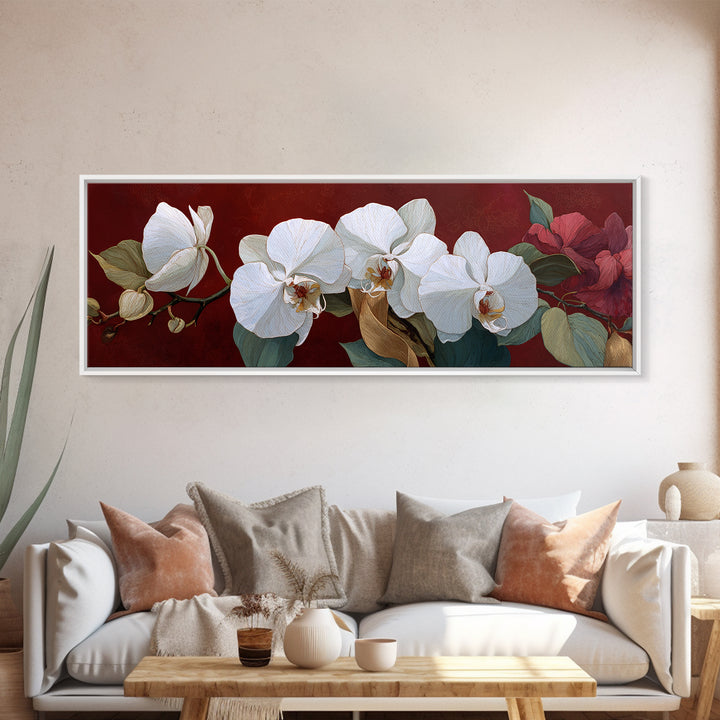 White Orchid and Gold Ribbon Composition Canvas Print, Wedding Art, Rustic Wedding, Living Room Decor, Fine Art, Romance, WED-3x1-16