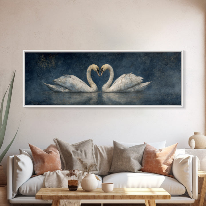 Two Swans Forming a Heart on Dark Framed Canvas Print, Wedding Art, Custom Portrait, Living Room Decor, Fine Art, Romance, WED-3x1-18
