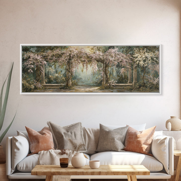 Romantic Garden Arch Covered Framed Canvas Print, Wedding Art, Art, Living Room Decor, Watercolor Art, Romance, WED-3x1-2