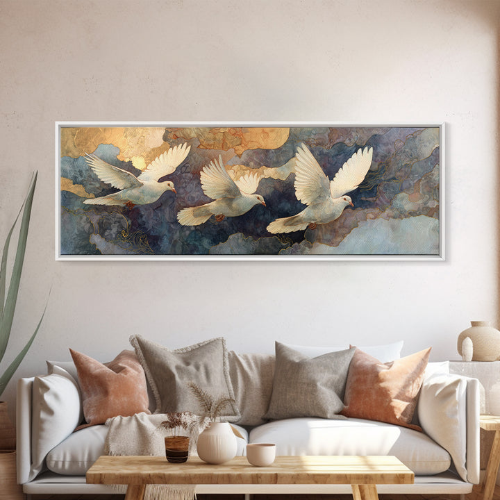 Doves Flying Through Soft Golden Light Framed Canvas Print, Wedding Art, Neutral Decor, Living Room Decor, Fine Art, Romance, WED-3x1-27