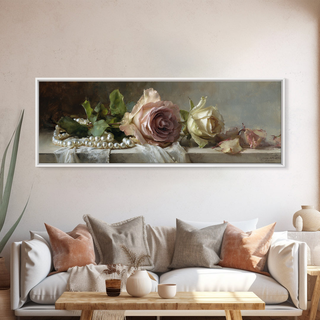 Pearl Necklace and Rose Still Life Framed Canvas Print, Wedding Art, Wedding Painting, Living Room Decor, Oil Painting, Romance, WED-3x1-28