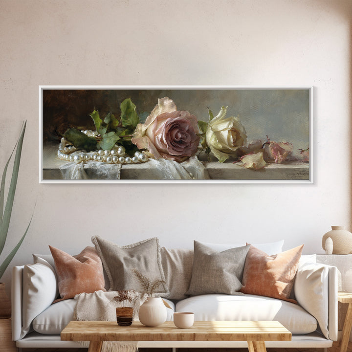 Pearl Necklace and Rose Still Life Framed Canvas Print, Wedding Art, Wedding Painting, Living Room Decor, Oil Painting, Romance, WED-3x1-28