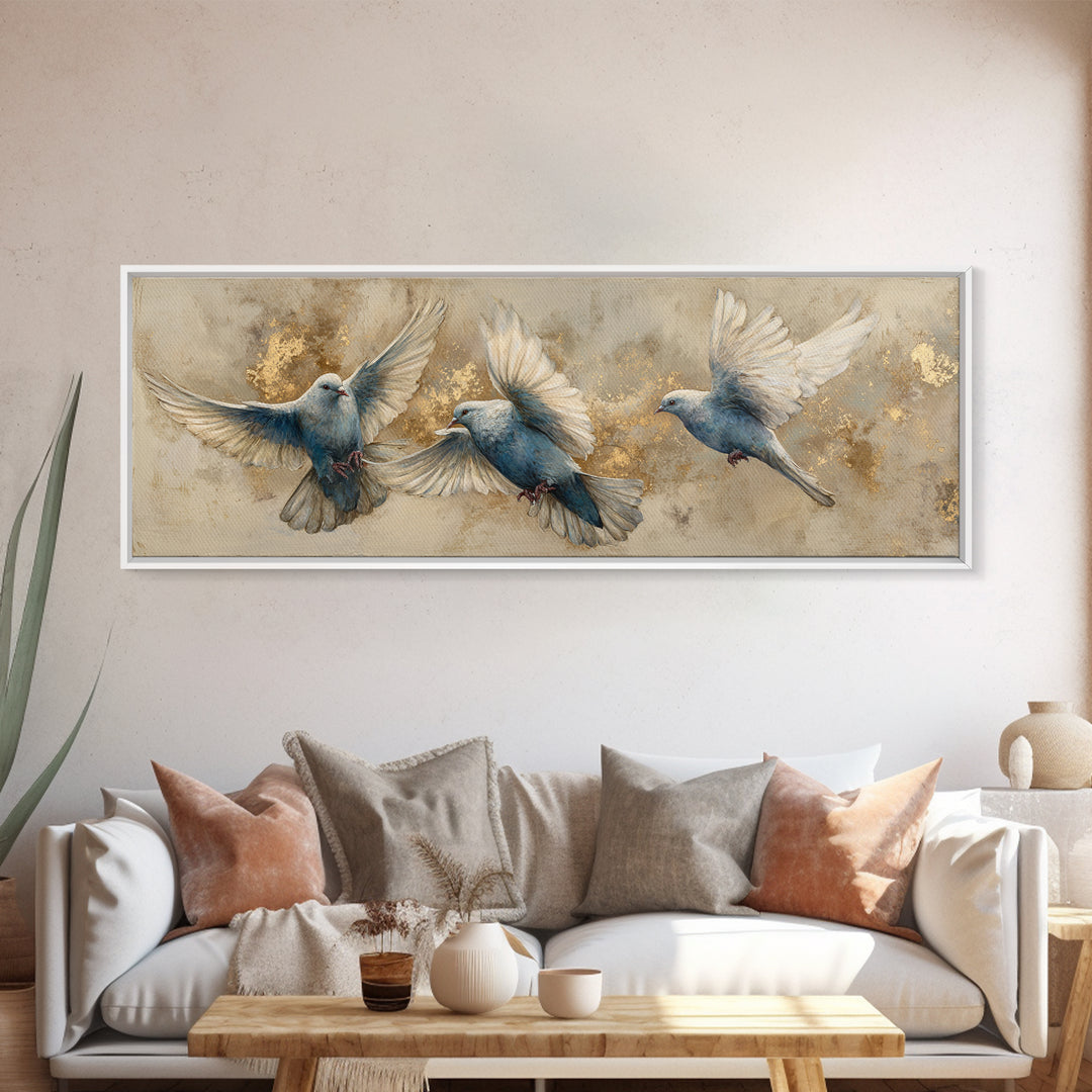 Doves Flying Through Soft Golden Light Canvas Print, Wedding Art, Personalized Wedding, Living Room Decor, Fine Art, Romance, WED-3x1-3