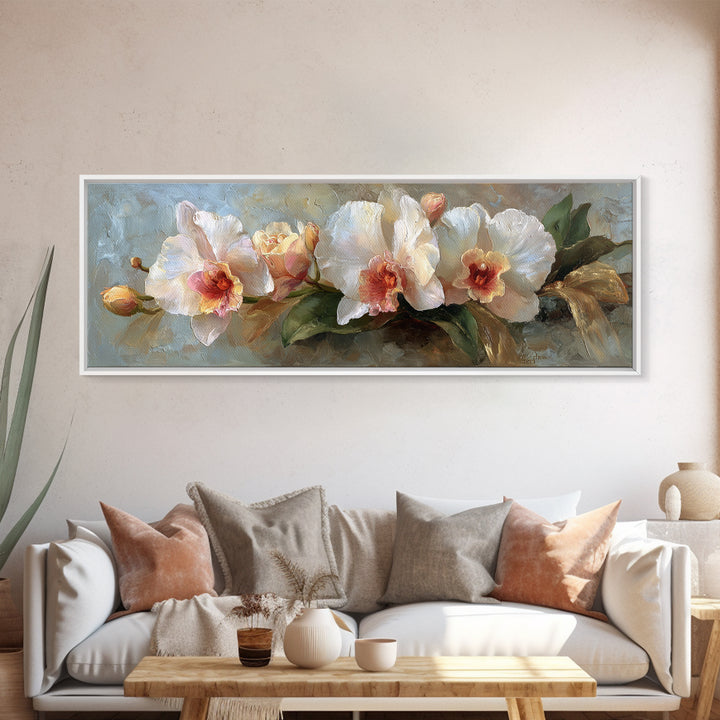 White Orchid and Gold Ribbon Composition Canvas Print, Wedding Art, Wedding Stationery, Living Room Decor, Fine Art, Romance, WED-3x1-40