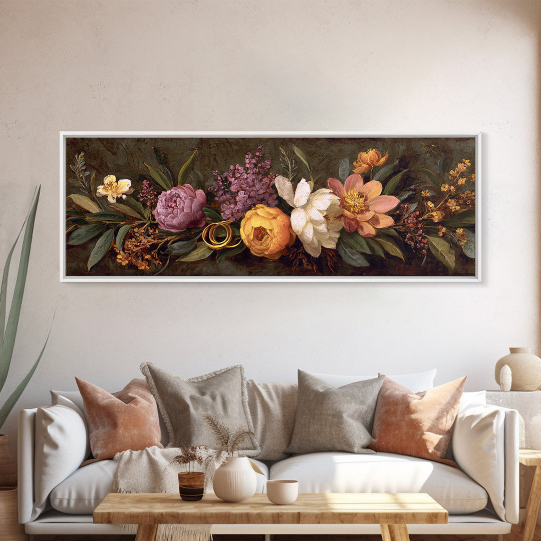 Gold Rings Resting on Velvet and Flowers Canvas Print, Wedding Art, Minimalist Decor, Living Room Decor, Fine Art, Romance, WED-3x1-43