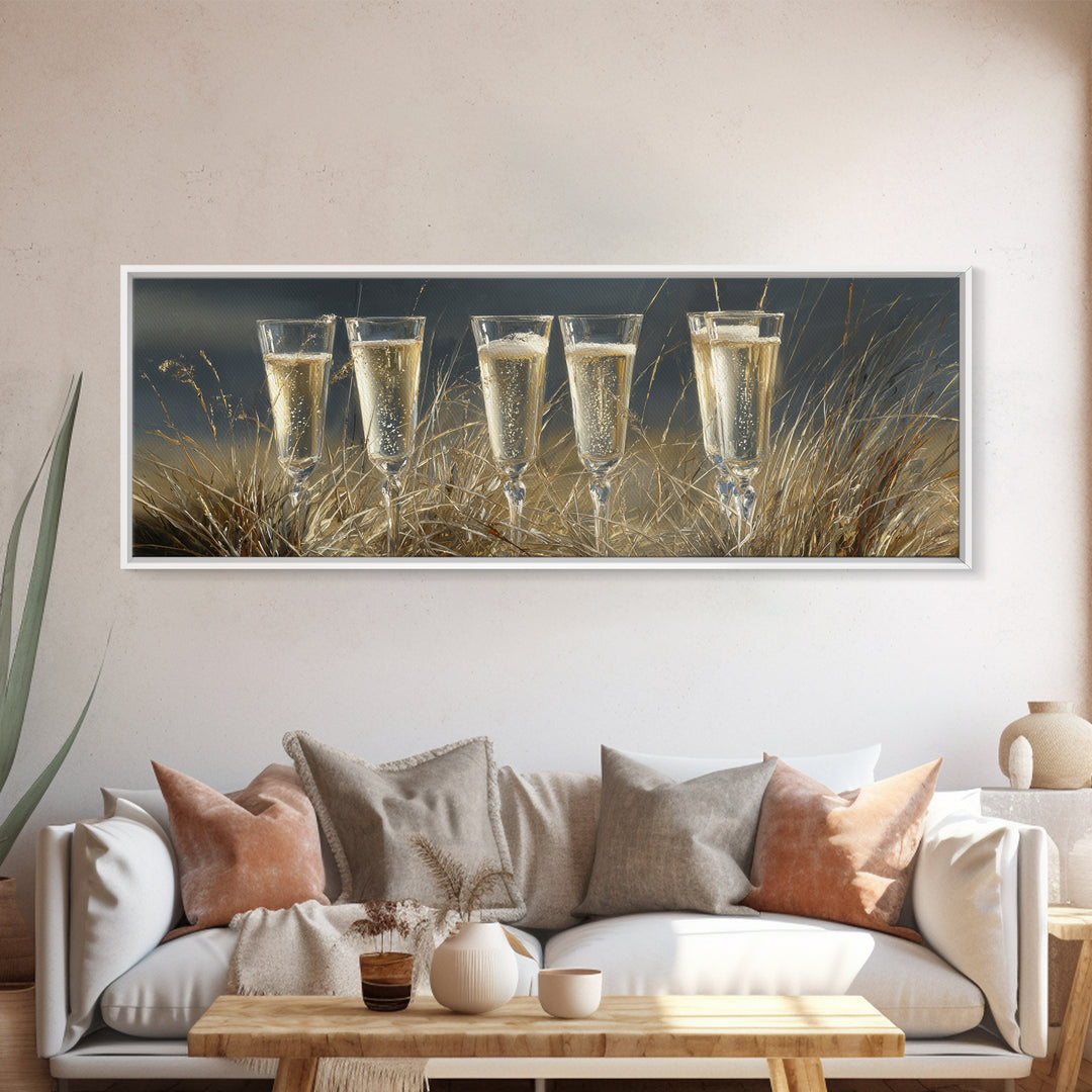 Champagne Glasses with Delicate Sparkle Canvas Print, Wedding Art, Custom Painting, Living Room Decor, Fine Art, Romance, WED-3x1-46
