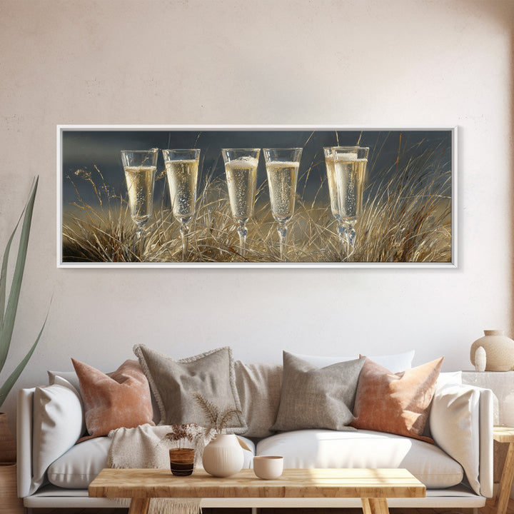 Champagne Glasses with Delicate Sparkle Canvas Print, Wedding Art, Custom Painting, Living Room Decor, Fine Art, Romance, WED-3x1-46
