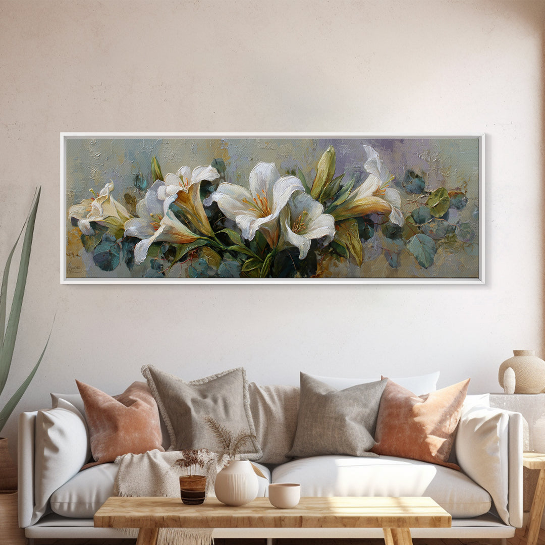 White Lilies and Eucalyptus Arrangement Canvas Print, Wedding Art, Custom Wedding Gift, Living Room Decor, Abstract Art, WED-3x1-49
