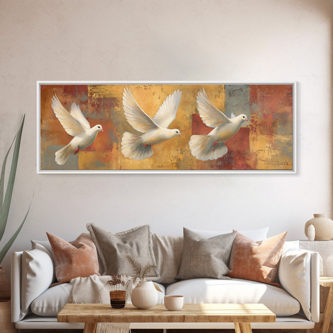 Doves Flying Through Soft Golden Light Framed Canvas Print, Wedding Art, Art, Living Room Decor, Romance, Custom Wedding Gift, WED-3x1-51