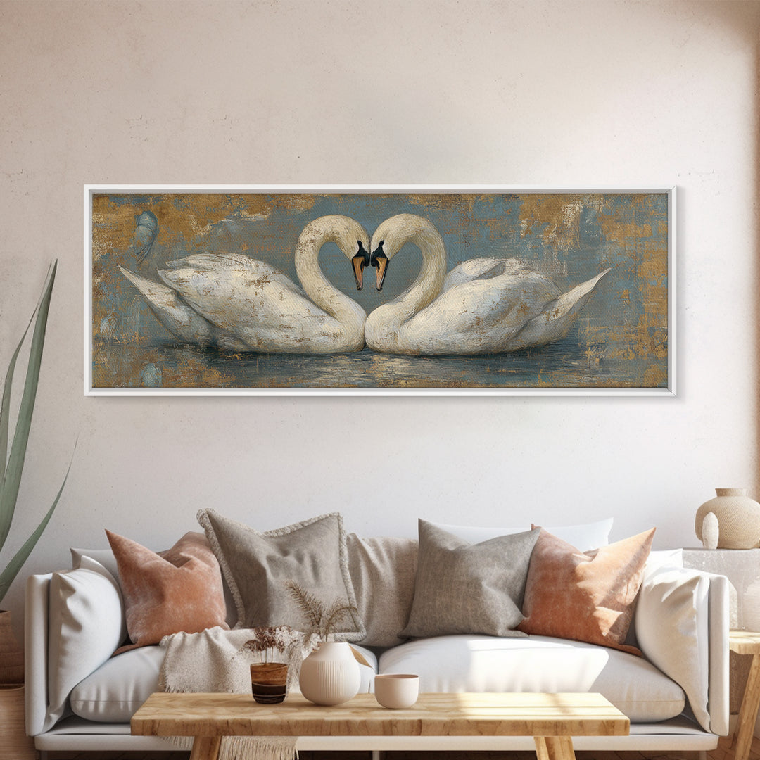 Two Swans Forming a Heart on Dark Canvas Print, Wedding Art, Printable Art, Living Room Decor, Fine Art, Romance, Beach Wedding, WED-3x1-66