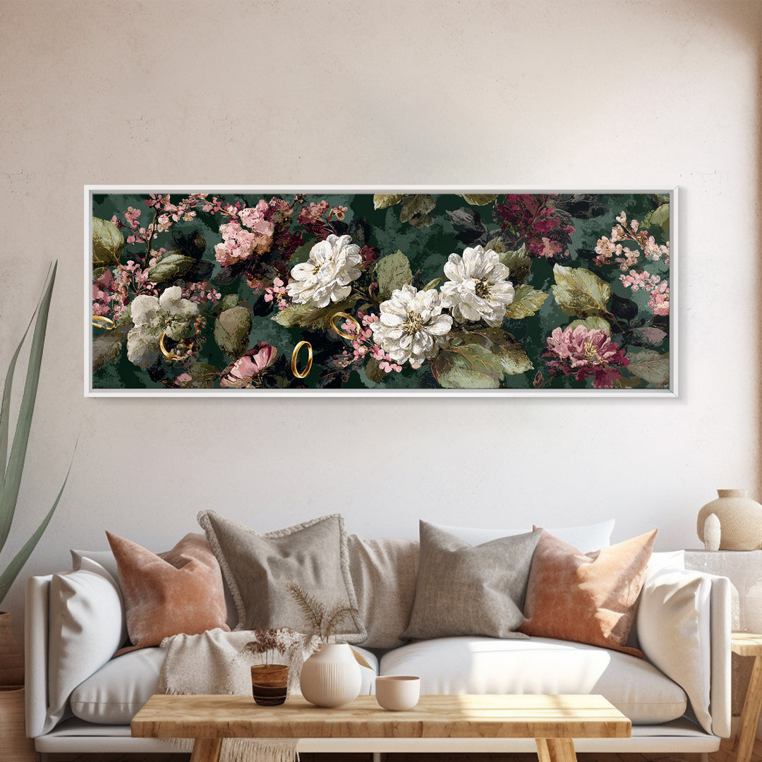 Gold Rings Resting on Velvet and Flowers Framed Canvas Print, Wedding Art, Custom Portrait, Living Room Decor, Romance, WED-3x1-67