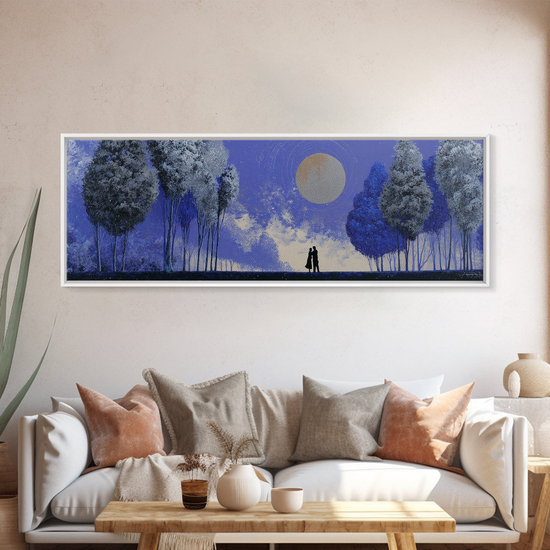 Couple Silhouette Beneath Moonlit Trees Framed Canvas Print, Wedding Art, Downloadable Art, Living Room Decor, Romance, WED-3x1-69
