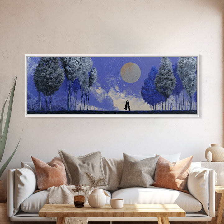 Couple Silhouette Beneath Moonlit Trees Framed Canvas Print, Wedding Art, Downloadable Art, Living Room Decor, Romance, WED-3x1-69
