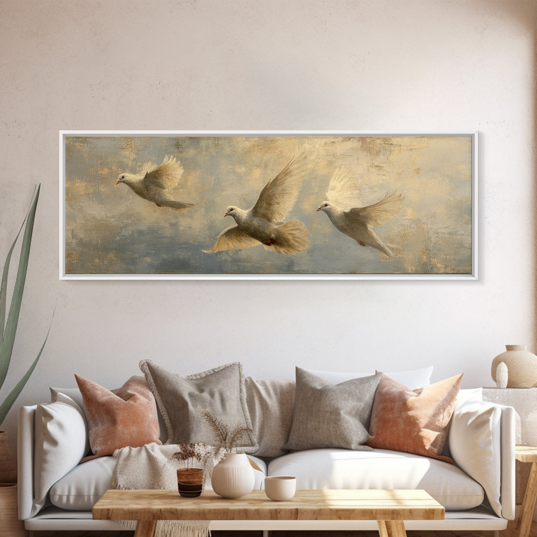 Doves Flying Through Soft Golden Light Canvas Print, Wedding Art, Wedding Guest Book, Living Room Decor, Fine Art, Romance, WED-3x1-75
