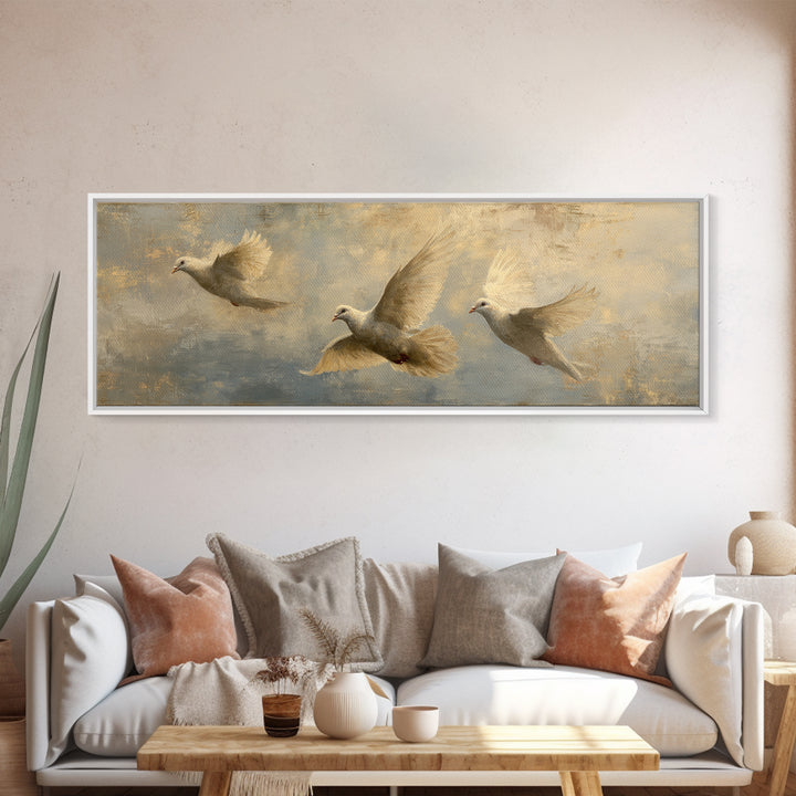 Doves Flying Through Soft Golden Light Canvas Print, Wedding Art, Wedding Guest Book, Living Room Decor, Fine Art, Romance, WED-3x1-75