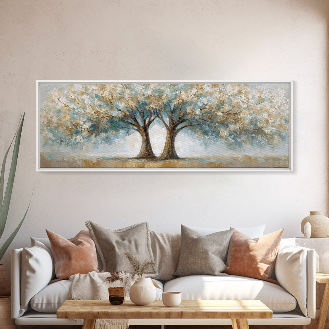 Two Intertwined Trees as Symbolic Artwork Framed Canvas Print, Wedding Art, Wedding Dress, Living Room Decor, Fine Art, Romance, WED-3x1-87