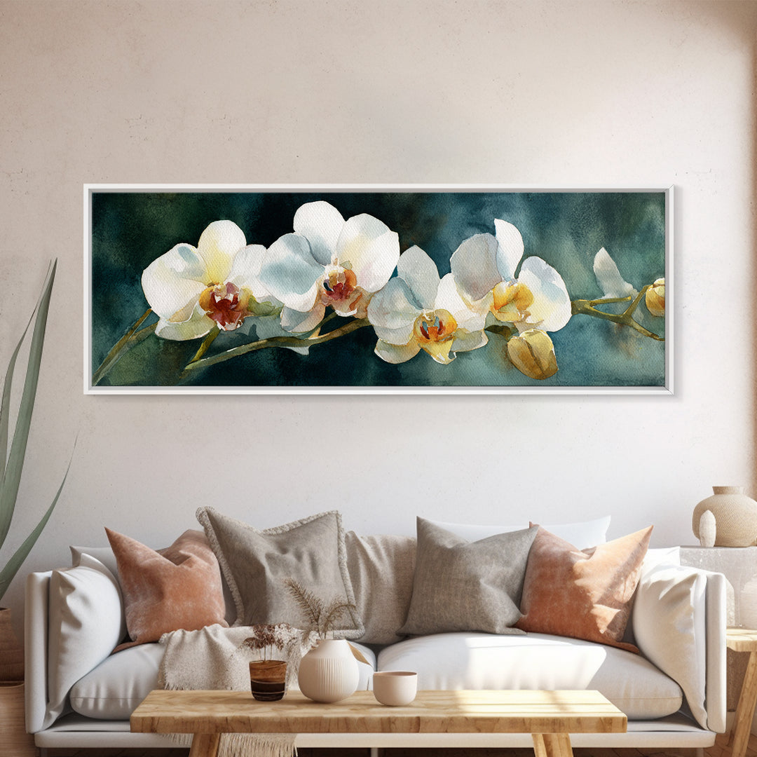 White Orchid and Gold Ribbon Composition Canvas Print, Wedding Art, Textured Painting, Living Room Decor, Oil Painting, Romance, WED-3x1-88