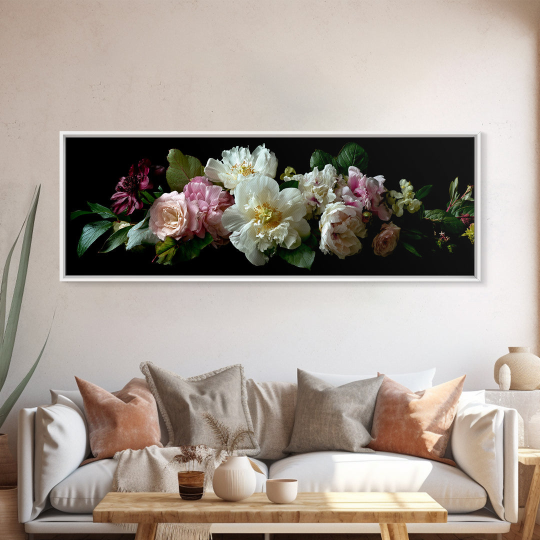 Romantic Bouquet of White Roses and Peonies Framed Canvas Print, Wedding Art, Beach Wedding, Living Room Decor, Oil Painting, WED-3x1-89