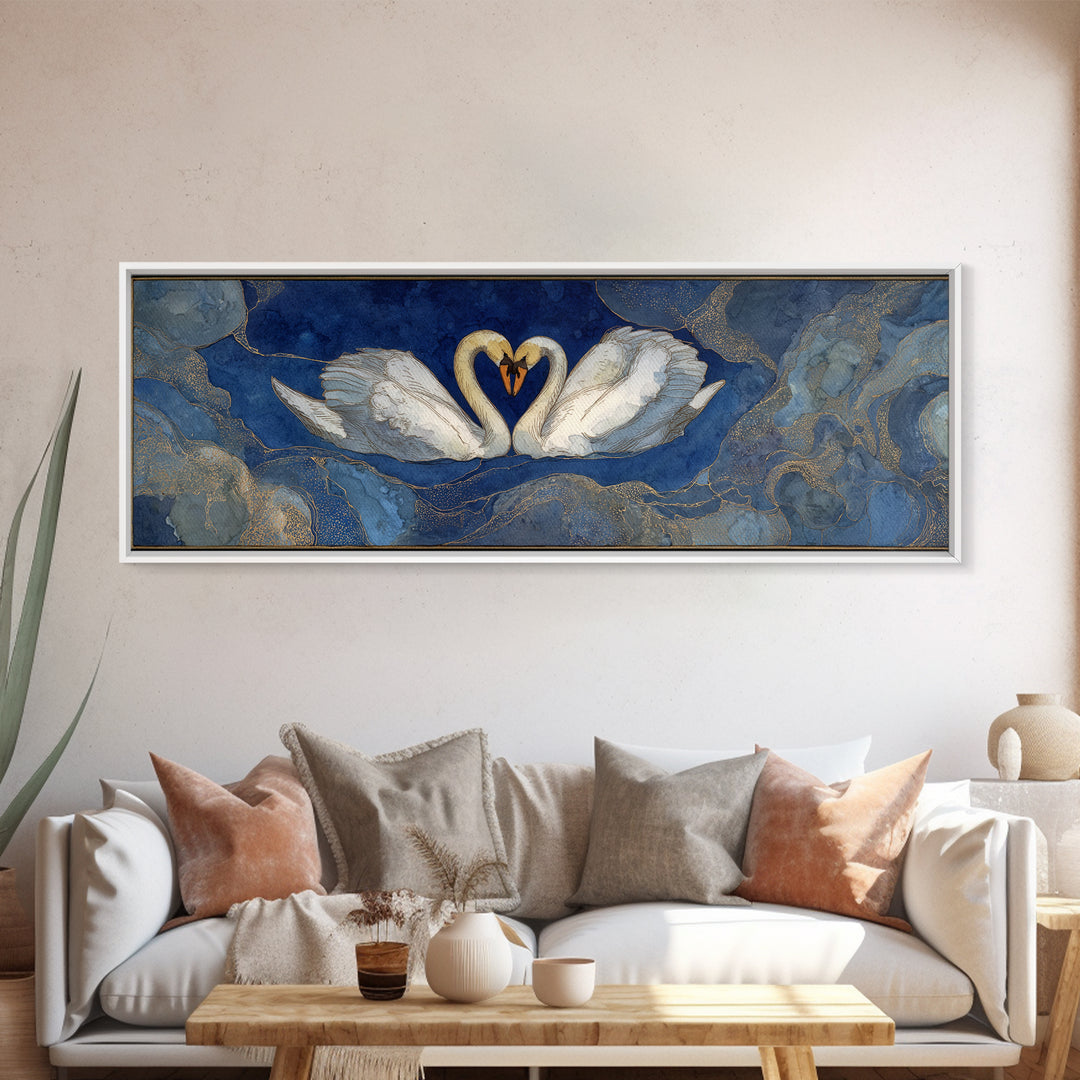Two Swans Forming a Heart on Dark Framed Canvas Print, Wedding Art, Jewish Art, Living Room Decor, Fine Art, Romance, WED-3x1-90