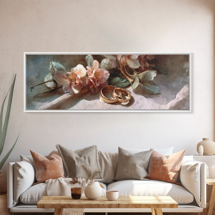 Gold Rings Resting on Velvet and Flowers Canvas Print, Wedding Art, Wedding Stationery, Living Room Decor, Fine Art, Romance, WED-3x1-91