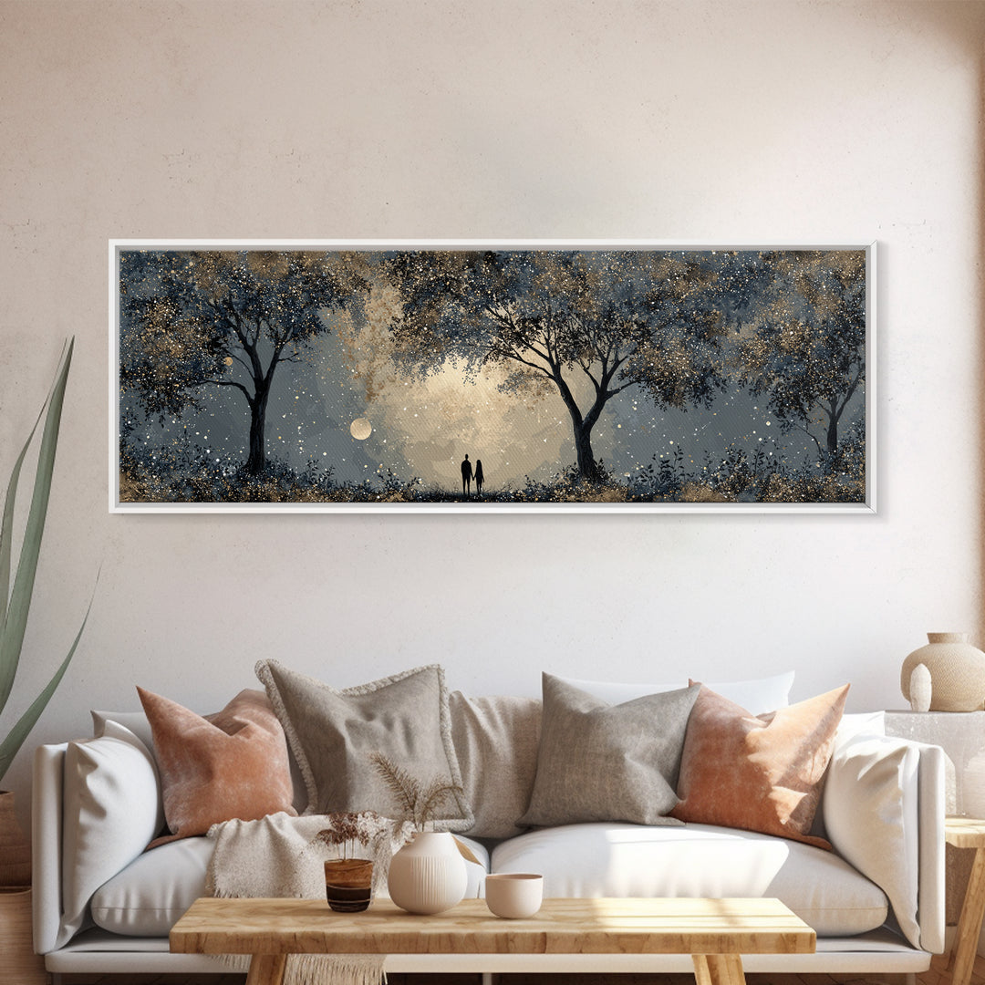 Couple Silhouette Beneath Moonlit Trees Canvas Print, Wedding Art, Wedding Reception, Living Room Decor, Fine Art, Romance, WED-3x1-93