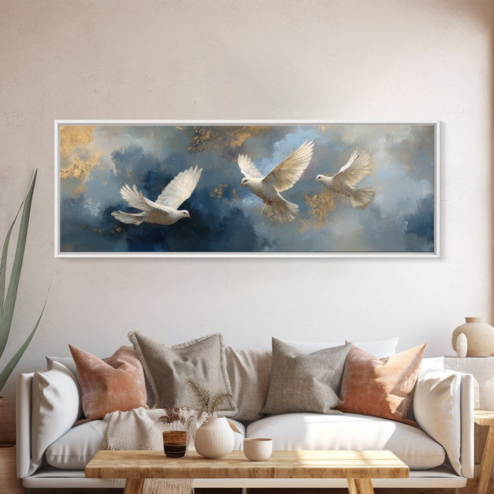 Doves Flying Through Soft Golden Light Framed Canvas Print, Wedding Art, Gallery Decor, Living Room Decor, Fine Art, Romance, WED-3x1-99